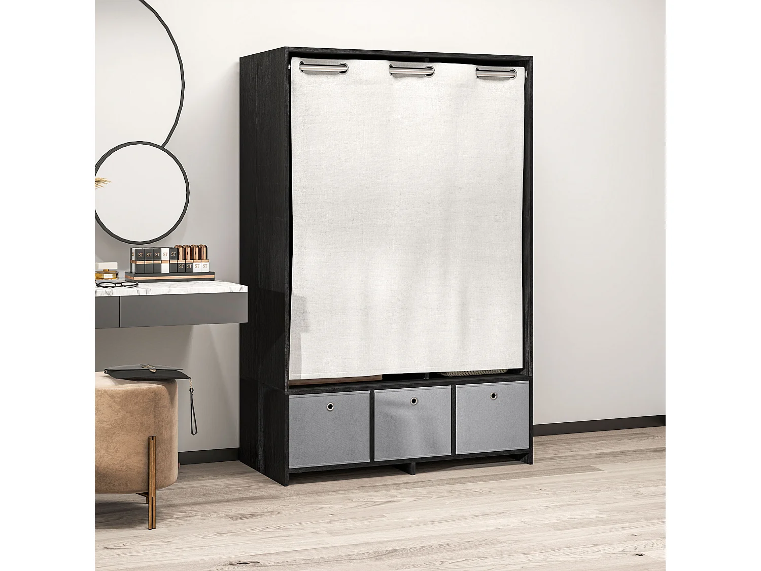 Vestiaire d'entrée - barre de penderie, 3 niches, 3 tiroirs tissu, rideau - panneaux noir polyester lin gris clair