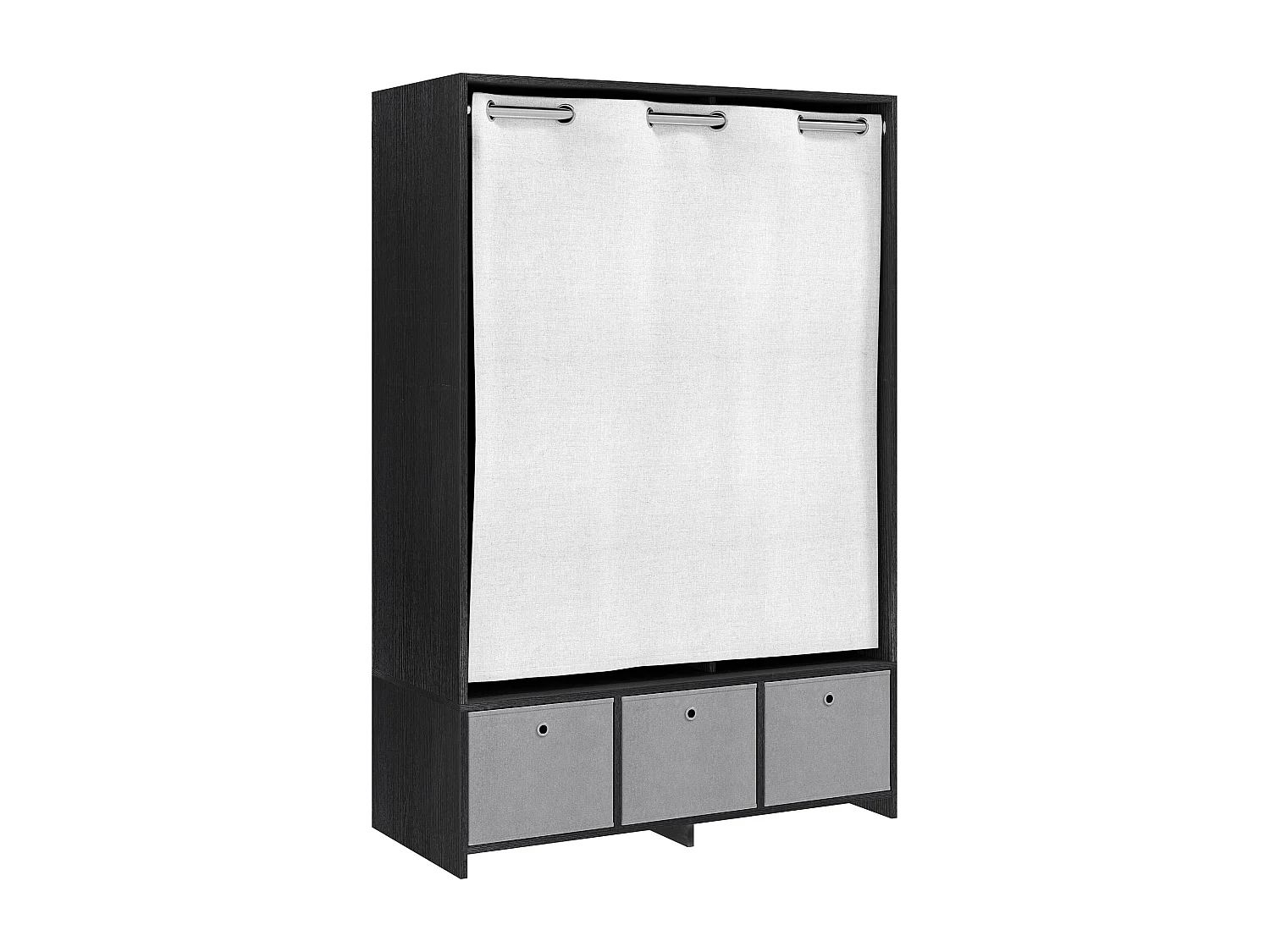 Vestiaire d'entrée - barre de penderie, 3 niches, 3 tiroirs tissu, rideau - panneaux noir polyester lin gris clair