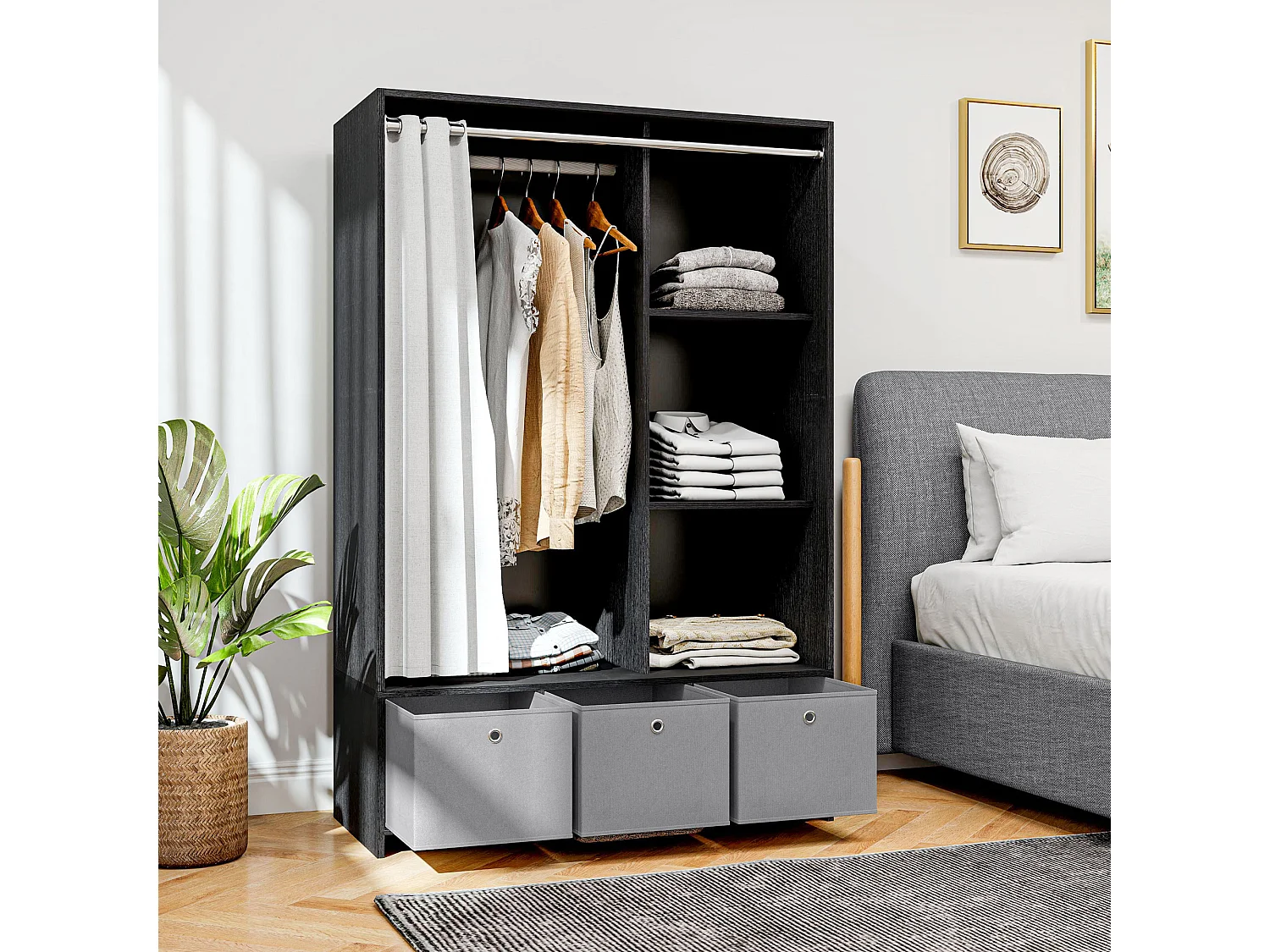 Vestiaire d'entrée - barre de penderie, 3 niches, 3 tiroirs tissu, rideau - panneaux noir polyester lin gris clair