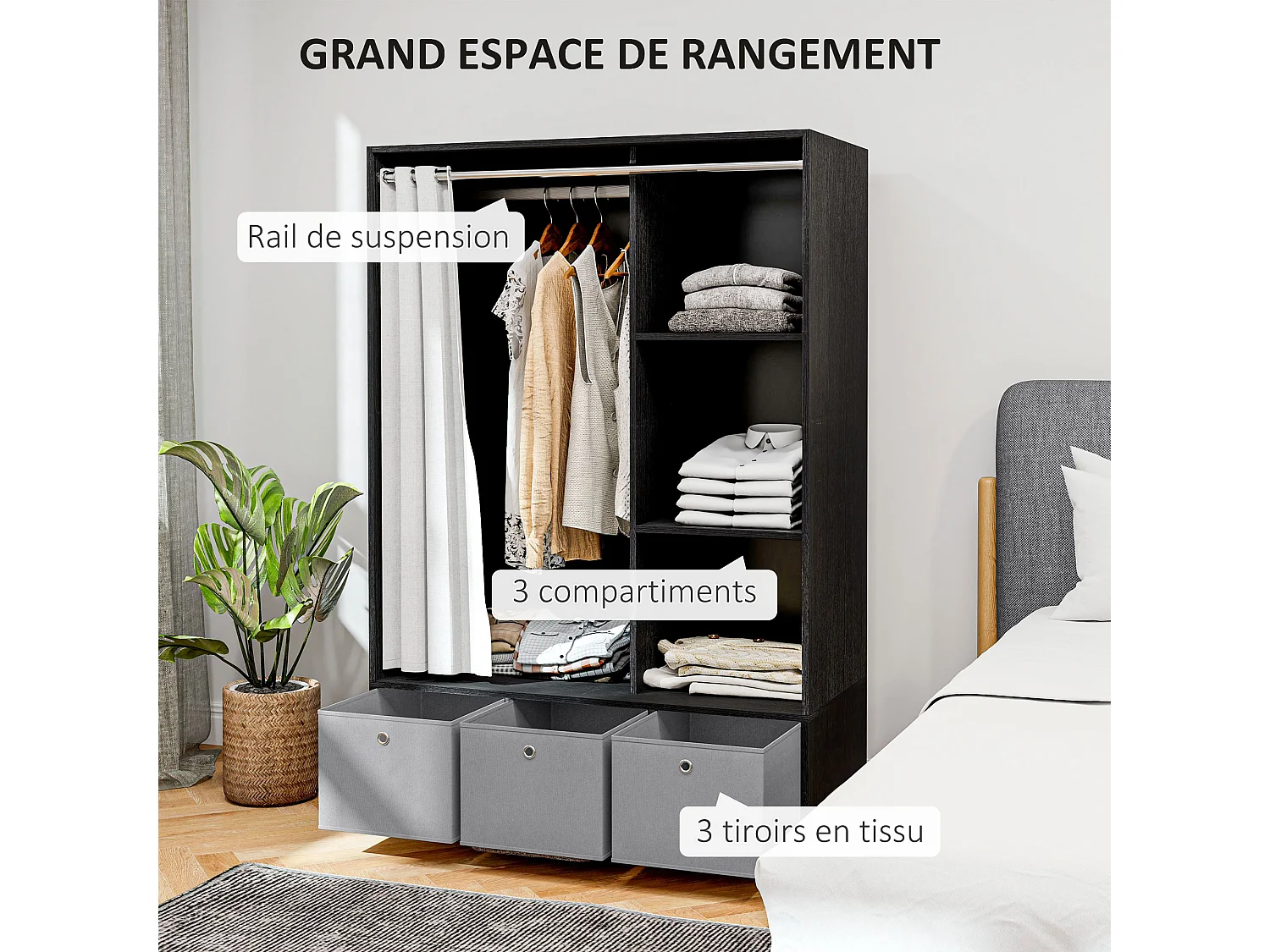 Vestiaire d'entrée - barre de penderie, 3 niches, 3 tiroirs tissu, rideau - panneaux noir polyester lin gris clair