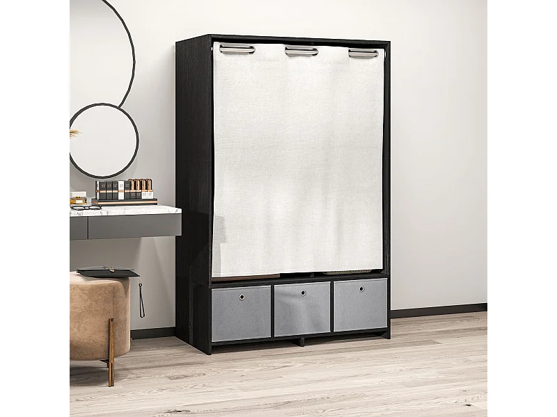 Vestiaire d'entrée - barre de penderie, 3 niches, 3 tiroirs tissu, rideau - panneaux noir polyester lin gris clair