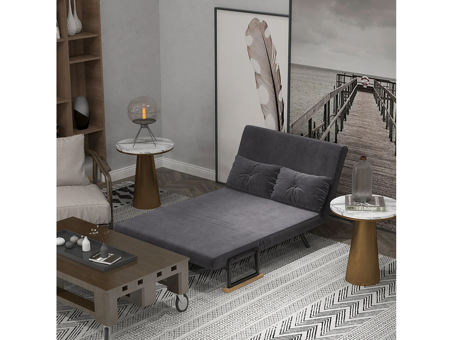 Canapé convertible 2 places canapé-lit dossier réglable 5 niv. 2 coussins revêtement effet velours gris