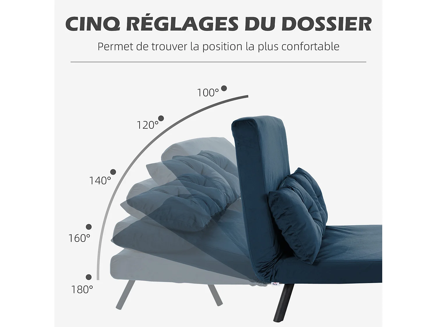 Canapé convertible 2 places canapé-lit dossier réglable 5 niv. 2 coussins revêtement effet velours bleu