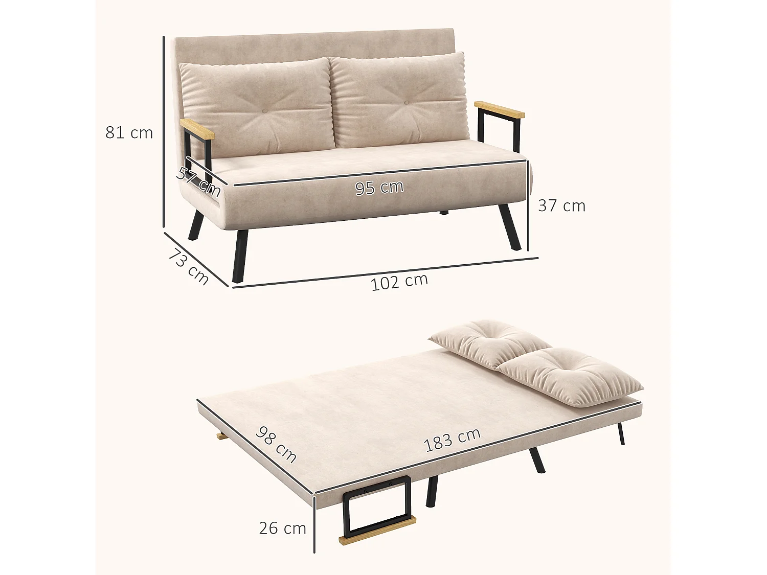 Canapé convertible 2 places canapé-lit dossier réglable 5 niv. 2 coussins revêtement effet velours beige