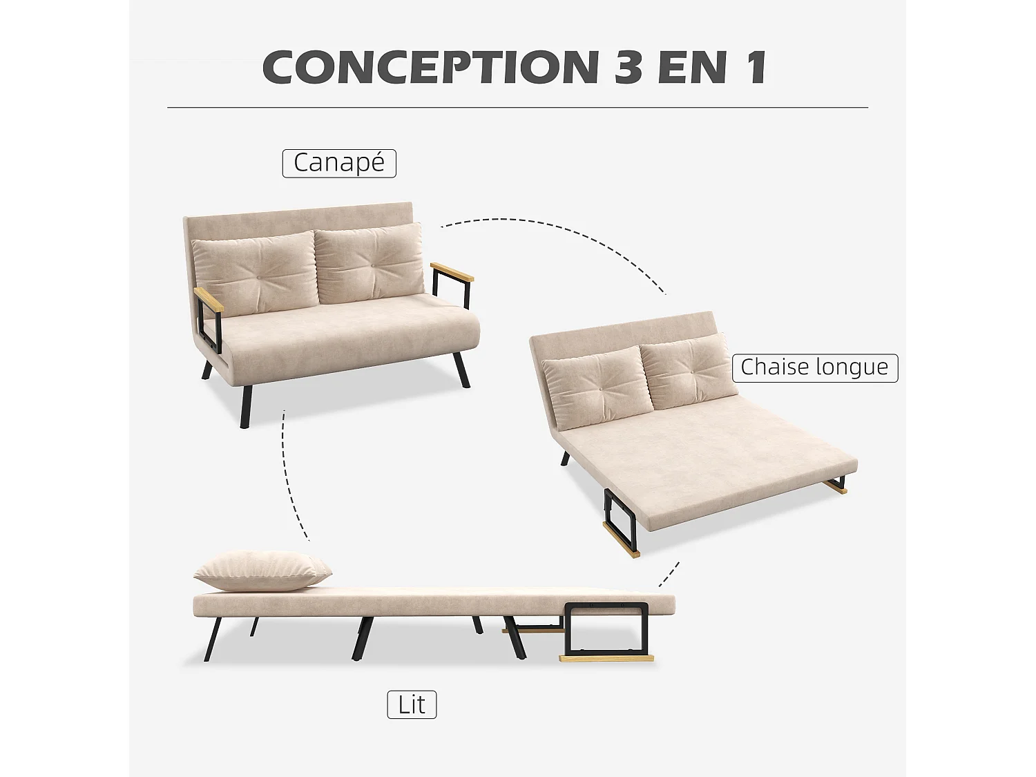 Canapé convertible 2 places canapé-lit dossier réglable 5 niv. 2 coussins revêtement effet velours beige