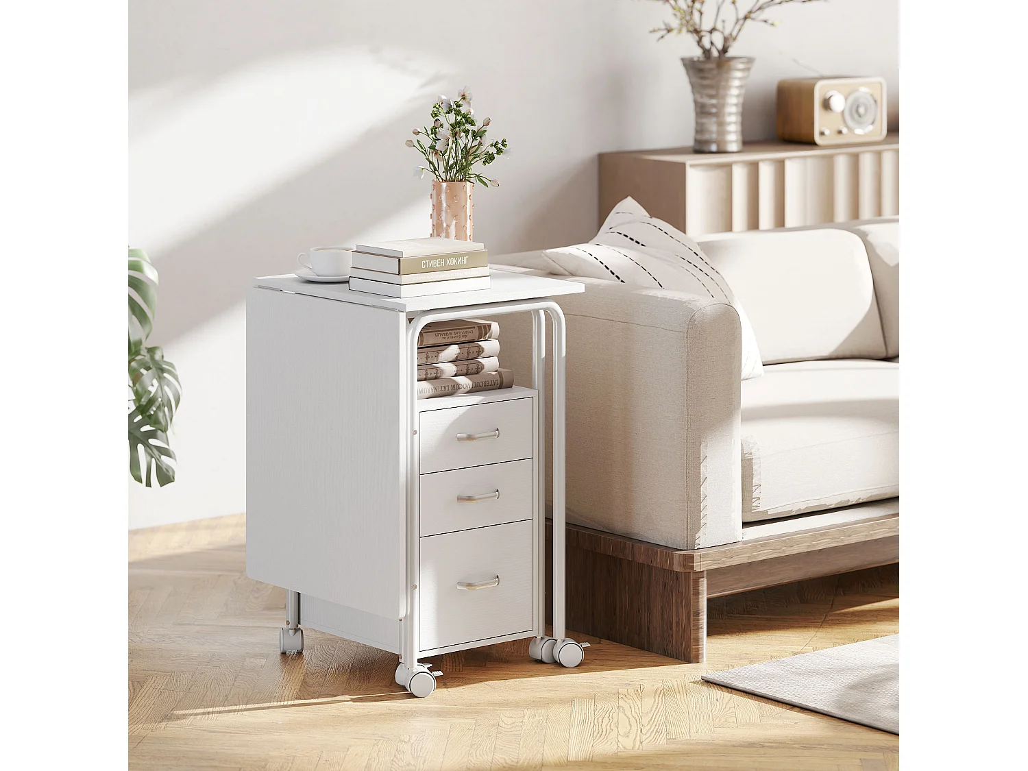Bureau pliable sur roulettes avec rangement 3 tiroirs dim. totales 105x51x75,5cm métal effet bois blanc
