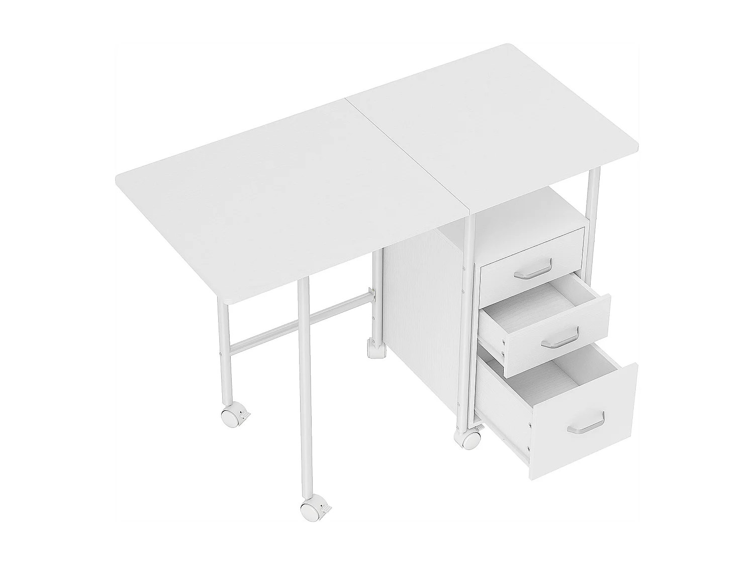 Bureau pliable sur roulettes avec rangement 3 tiroirs dim. totales 105x51x75,5cm métal effet bois blanc