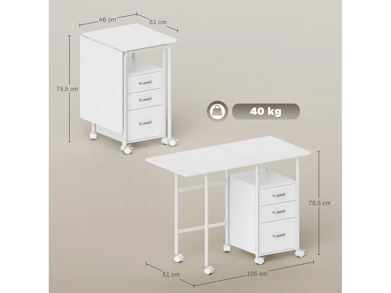 Bureau pliable sur roulettes avec rangement 3 tiroirs dim. totales 105x51x75,5cm métal effet bois blanc