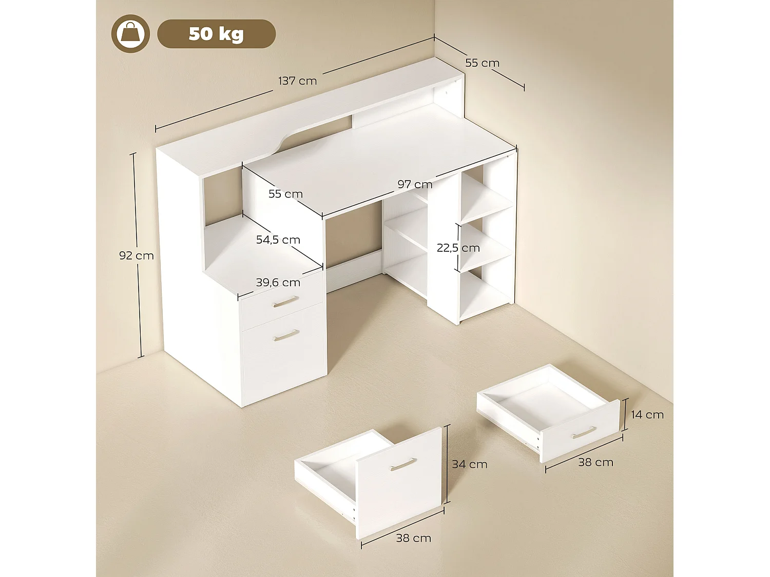 Bureau informatique multimédia design multi-rangement dim. 137 x 55 x 92 cm