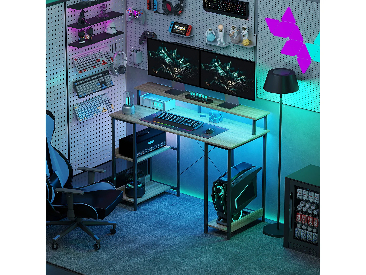 Bureau informatique design industriel LED - 3 étagères, réhausseur d'écran - acier noir effet bois naturel