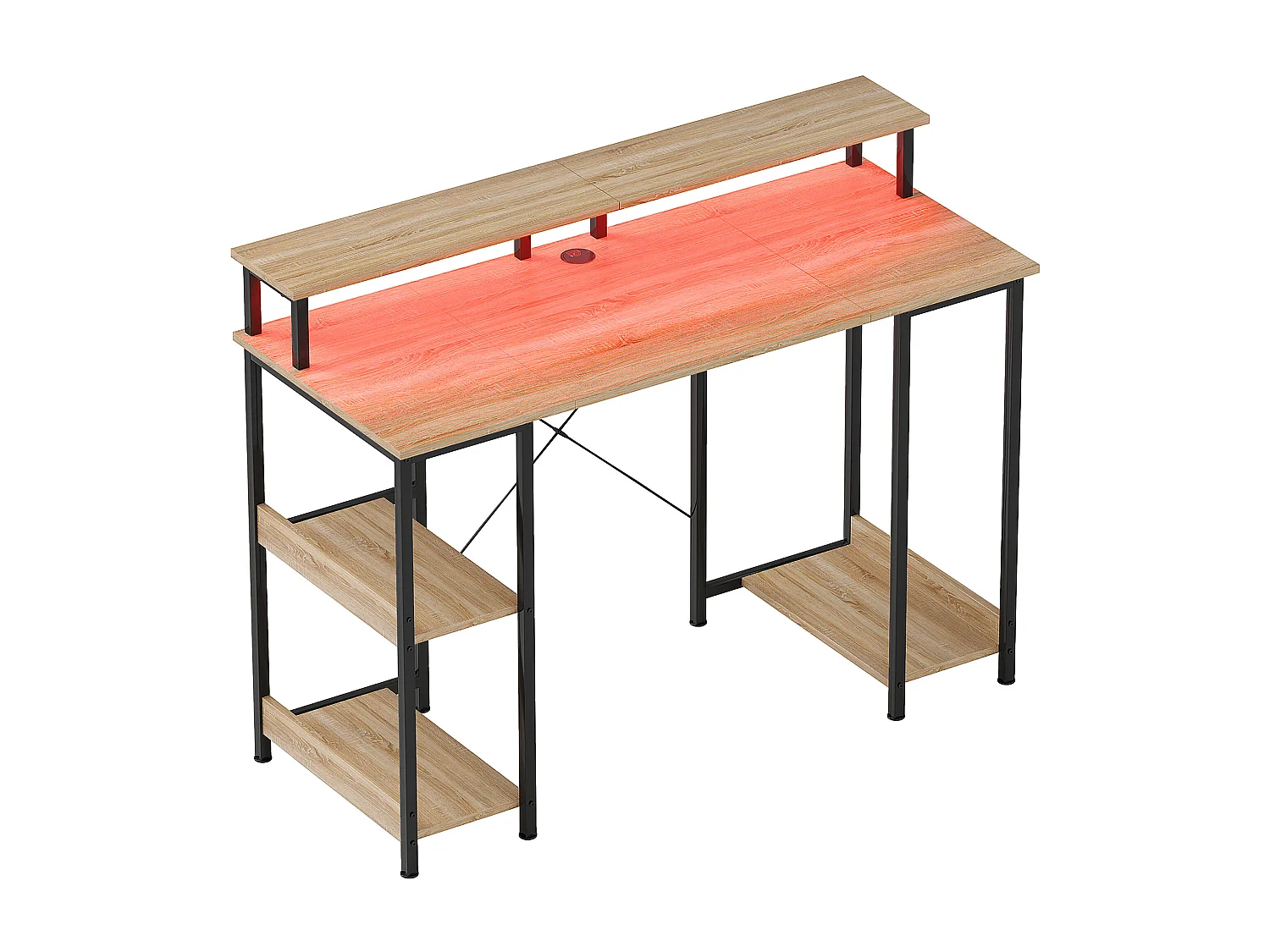 Bureau informatique design industriel LED - 3 étagères, réhausseur d'écran - acier noir effet bois naturel