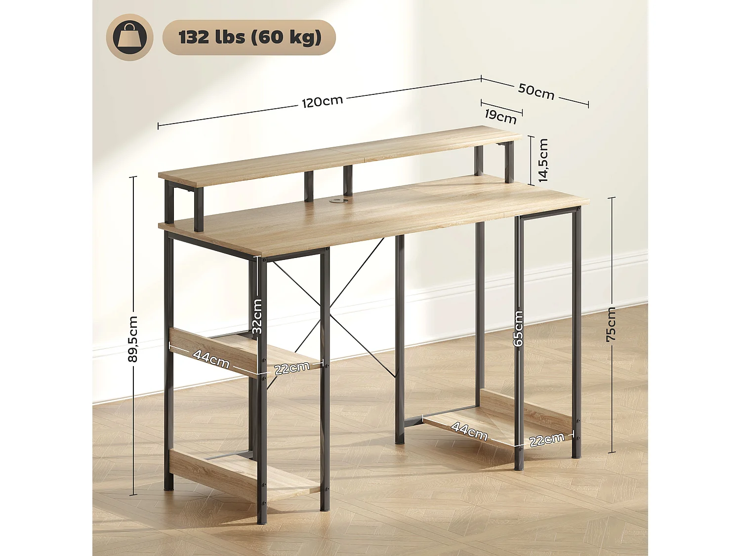 Bureau informatique design industriel LED - 3 étagères, réhausseur d'écran - acier noir effet bois naturel