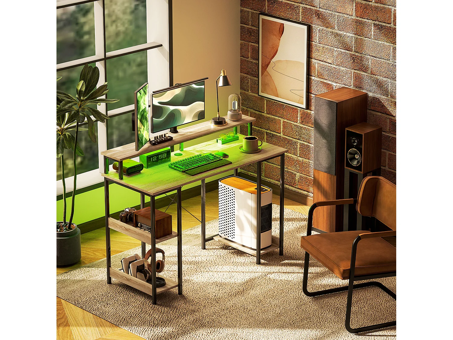 Bureau informatique design industriel LED - 3 étagères, réhausseur d'écran - acier noir effet bois naturel