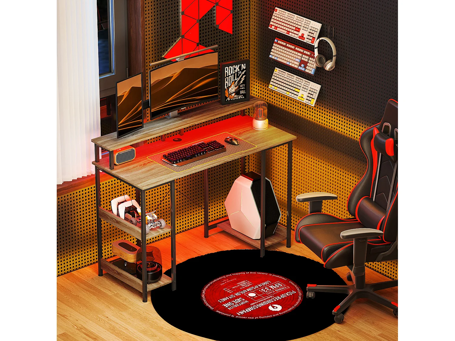 Bureau informatique design industriel LED - 3 étagères, réhausseur d'écran - acier noir effet bois naturel