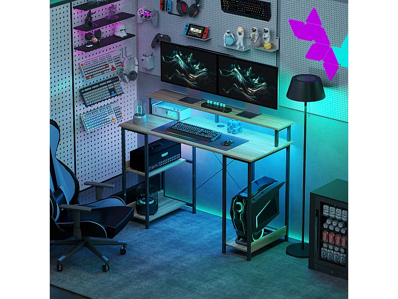 Bureau informatique design industriel LED - 3 étagères, réhausseur d'écran - acier noir effet bois naturel