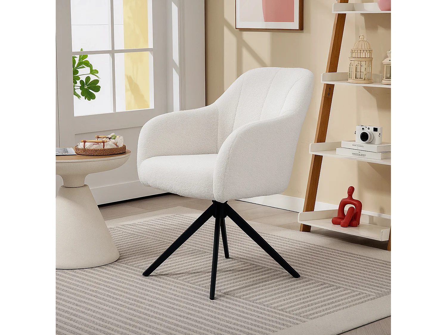 Fauteuil design piètement acier noir 4 branches effet laine bouclée blanc