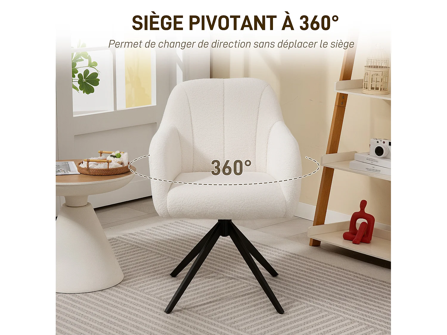 Fauteuil design piètement acier noir 4 branches effet laine bouclée blanc