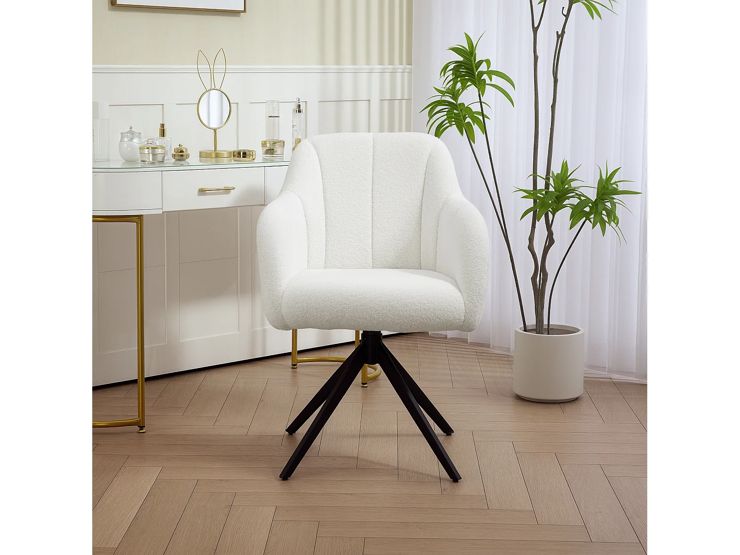 Fauteuil design piètement acier noir 4 branches effet laine bouclée blanc