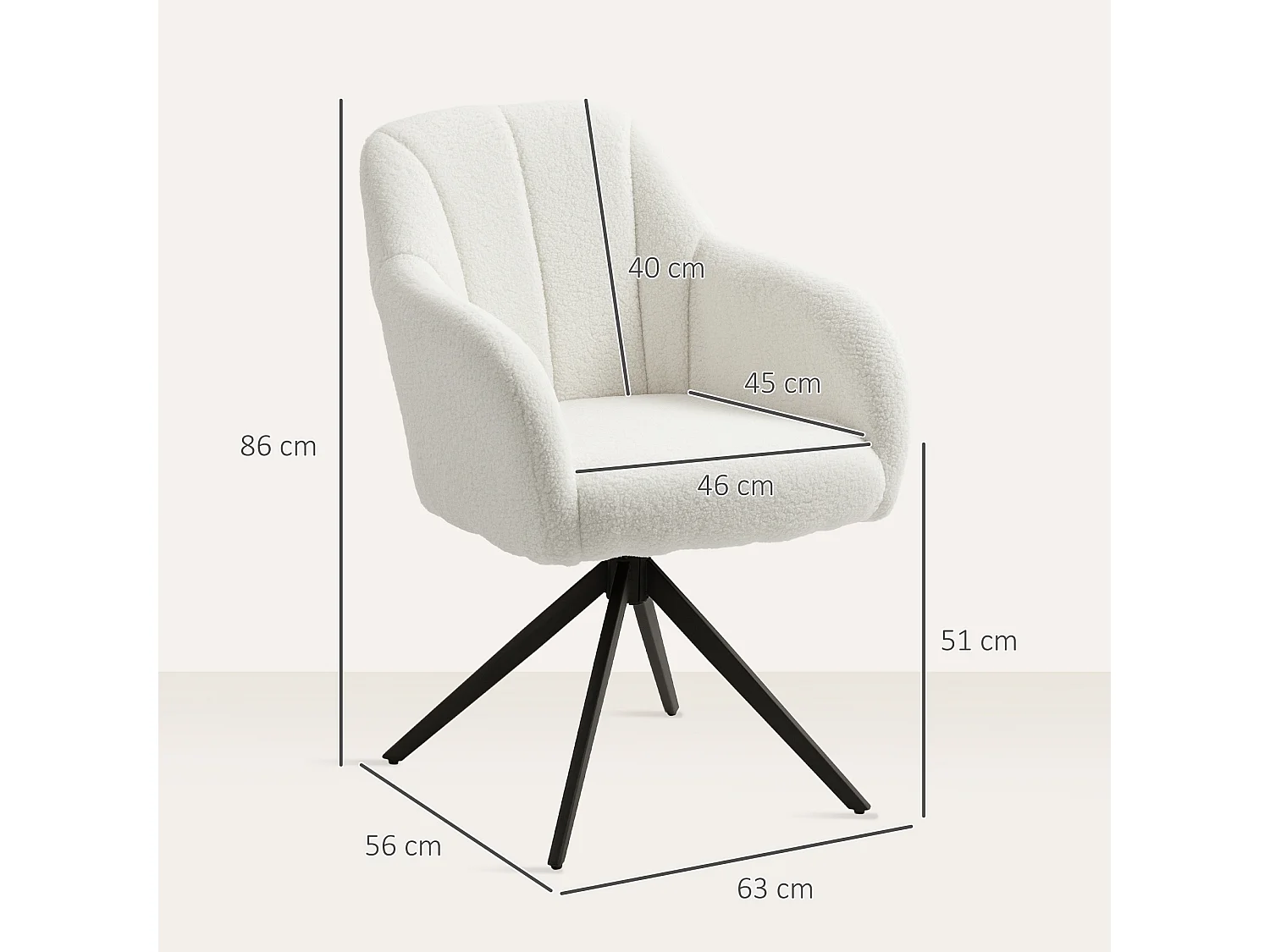 Fauteuil design piètement acier noir 4 branches effet laine bouclée blanc