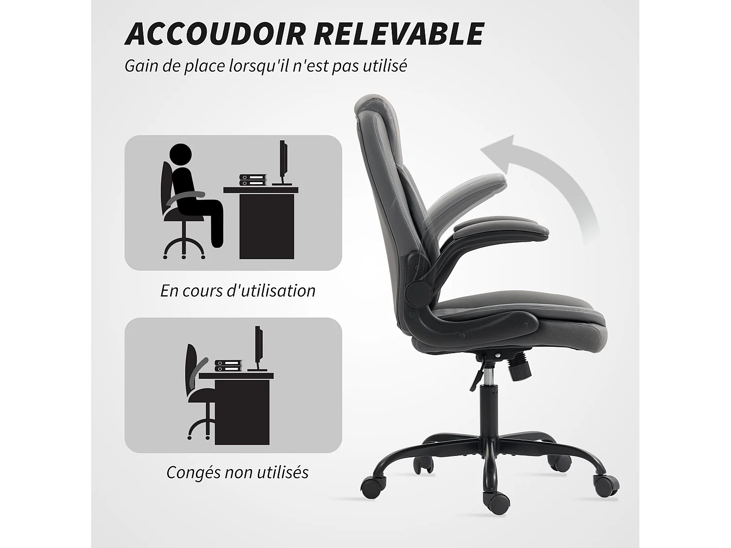 Chaise de bureau design Chesterfield accoudoirs relevables grand confort synthétique gris foncé