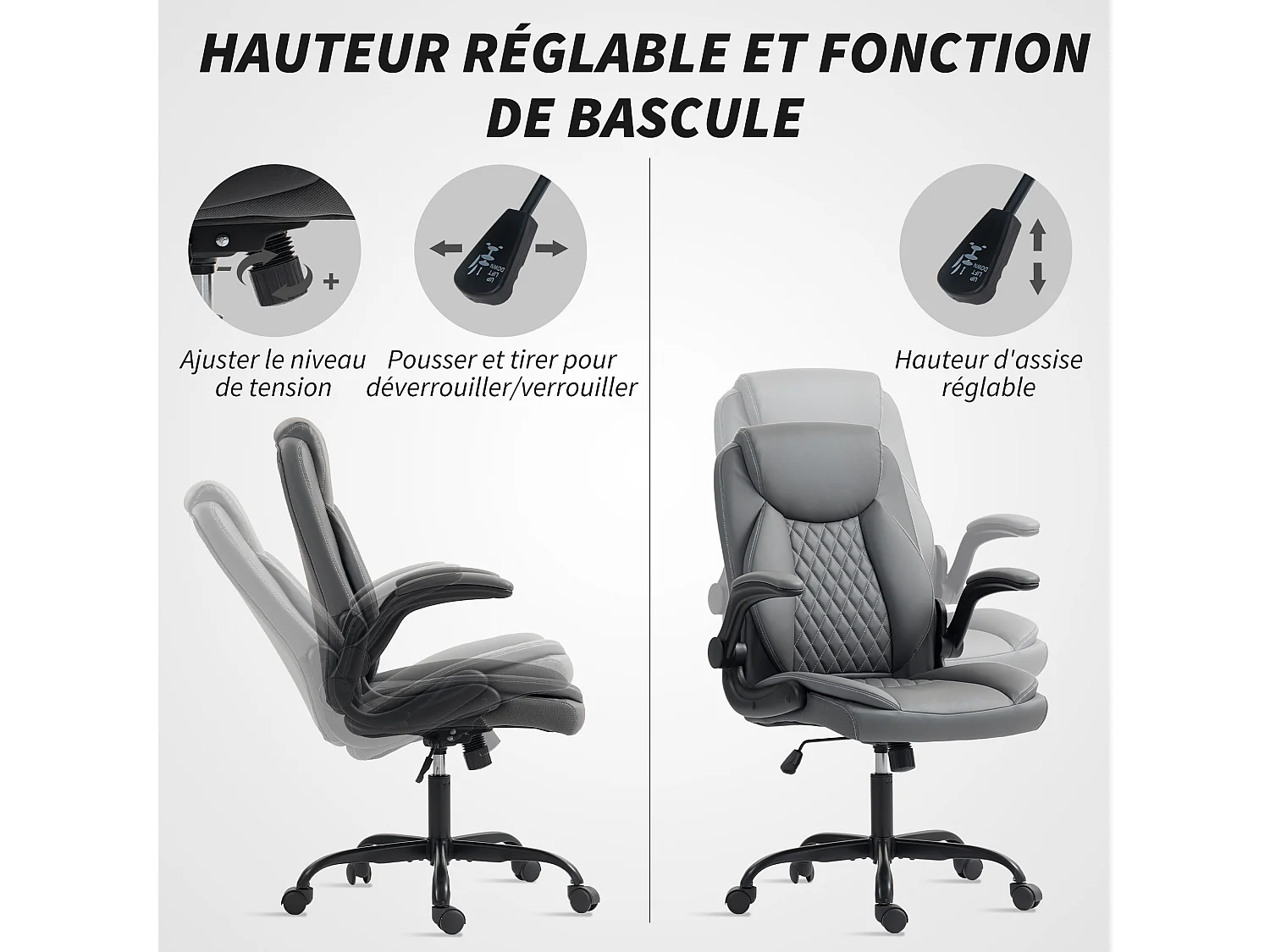 Chaise de bureau design Chesterfield accoudoirs relevables grand confort synthétique gris foncé