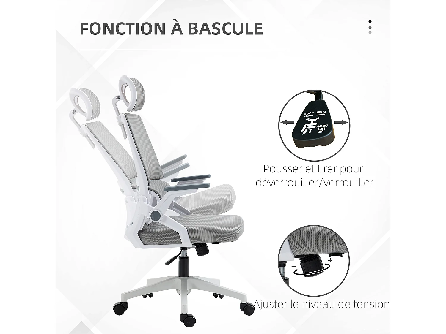 Chaise de bureau ergonomique réglable inclinable pivotante maille polyester gris