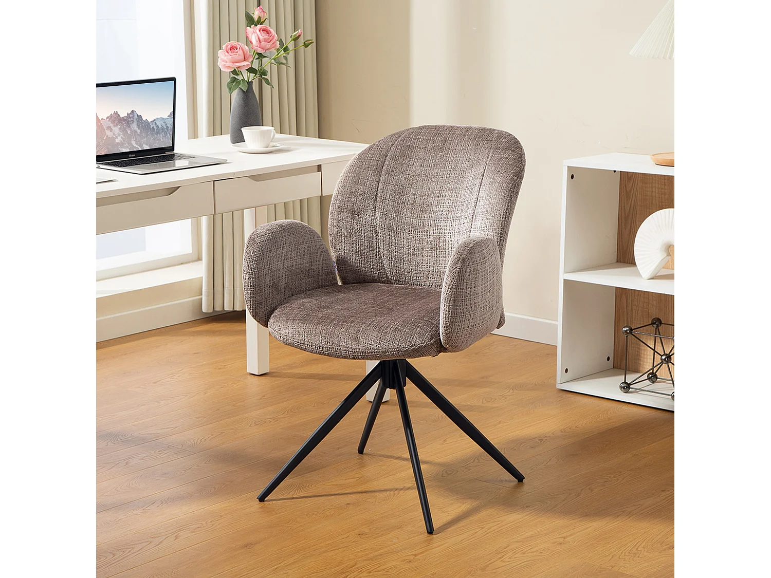 Chaise de bureau ergonomique pivotante à retour auto dossier enveloppant accoudoirs courbés tissu marron