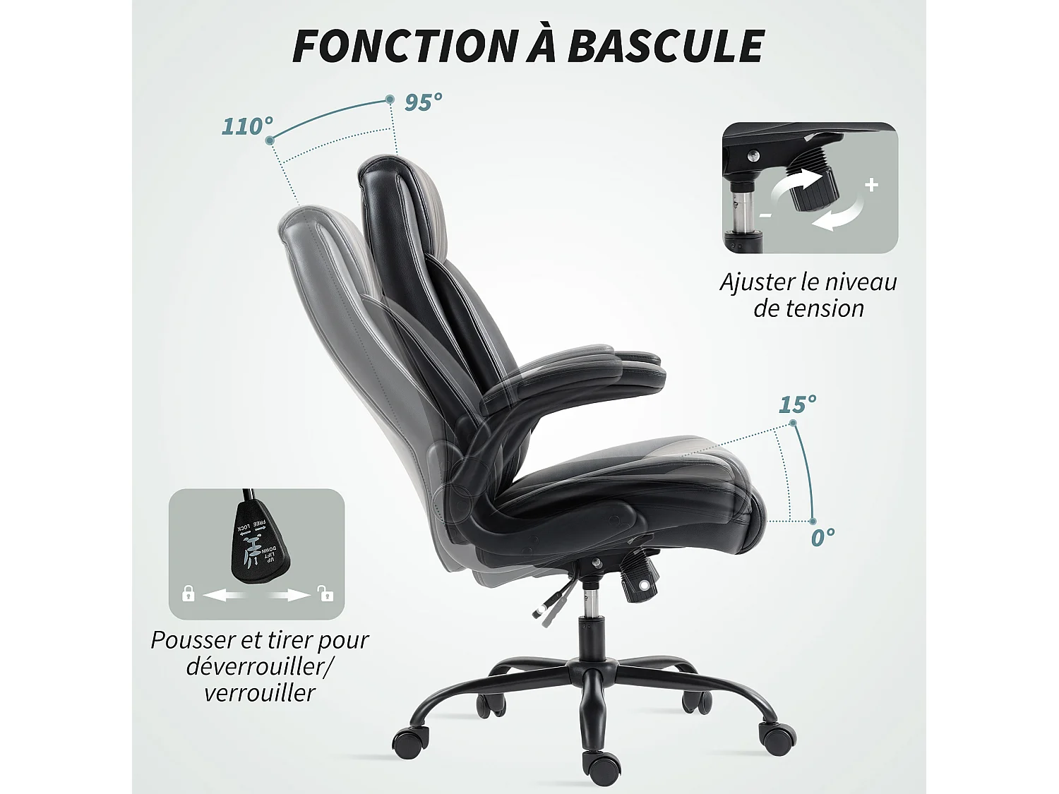 Chaise de bureau manager design réglable accoudoirs relevables acier synthétique noir