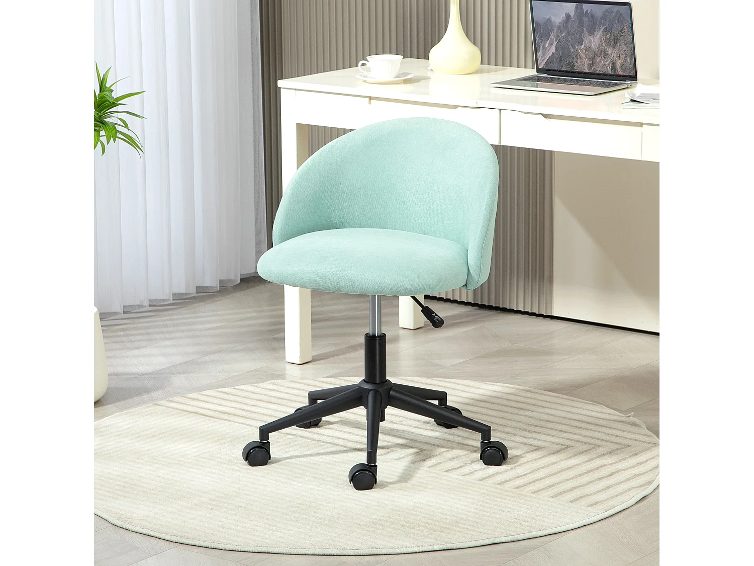 Chaise de bureau design enveloppant réglable piètement acier noir tissu bleu clair
