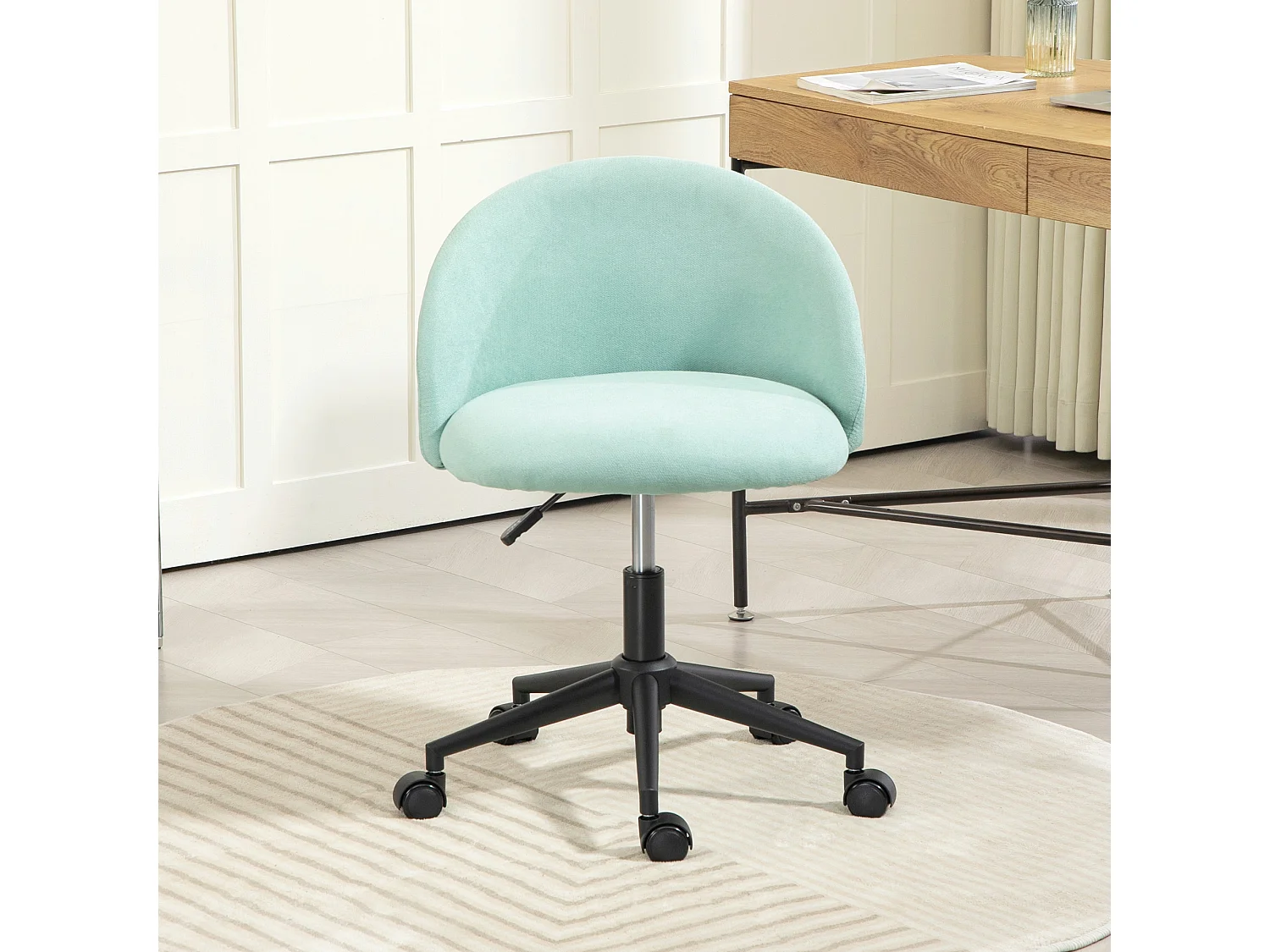 Chaise de bureau design enveloppant réglable piètement acier noir tissu bleu clair