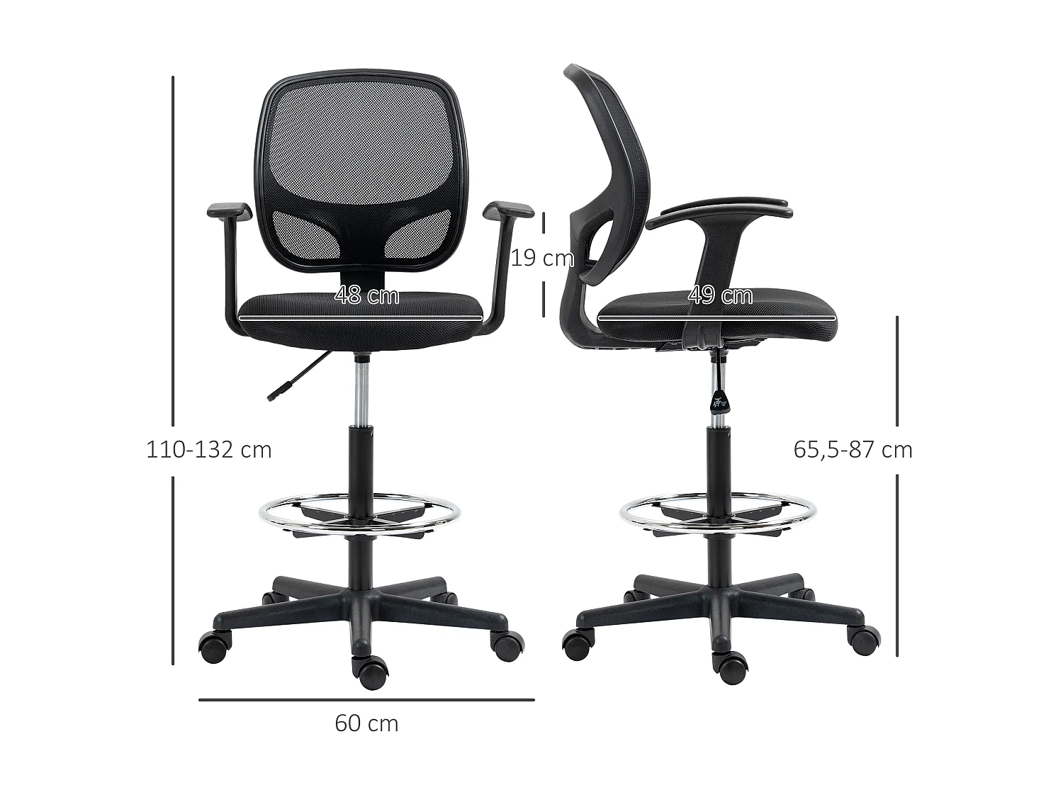 Chaise bureau ergonomique assise haute réglable 110-132cm pivotant 360° maille respirante noir