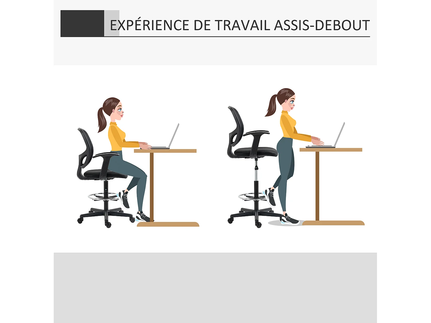 Chaise bureau ergonomique assise haute réglable 110-132cm pivotant 360° maille respirante noir
