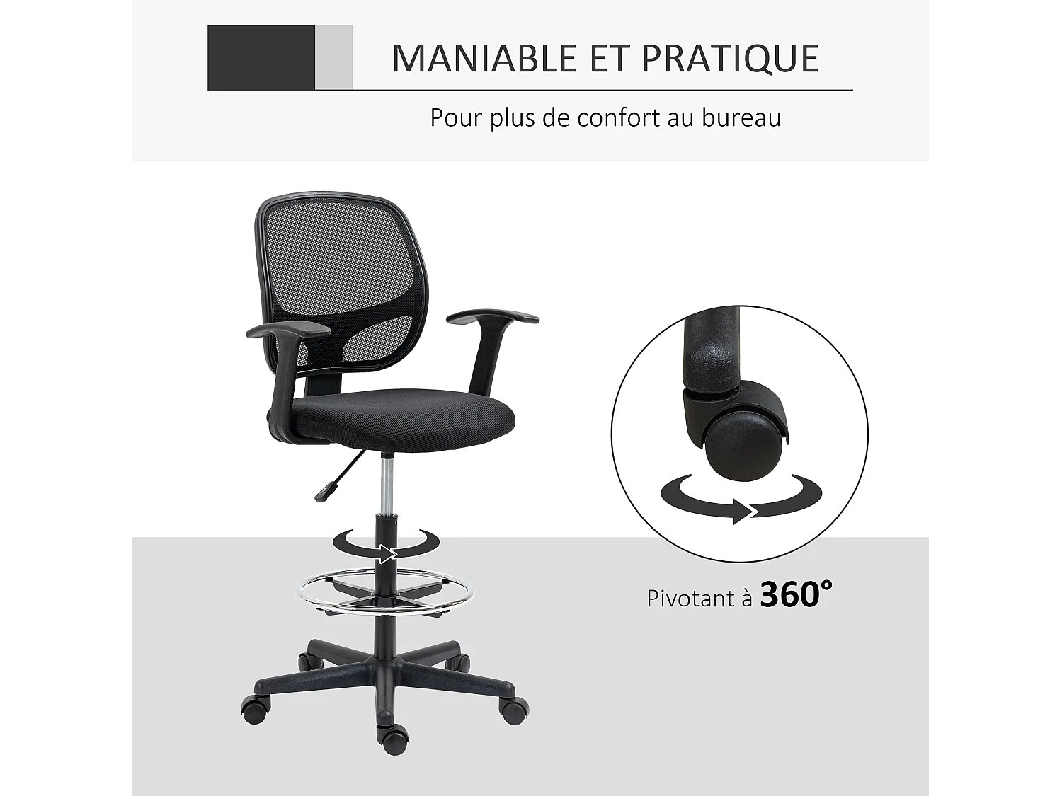Chaise bureau ergonomique assise haute réglable 110-132cm pivotant 360° maille respirante noir