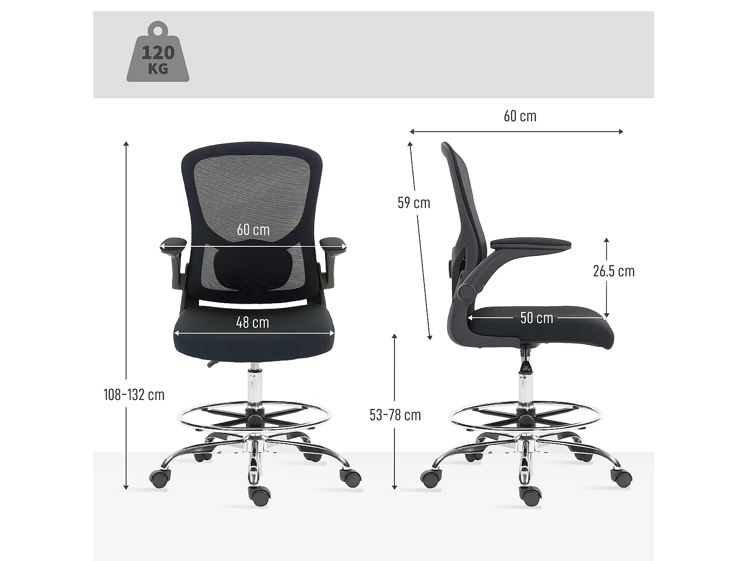 Chaise bureau ergonomique assise haute réglable 53-78cm pivotant accoudoirs relevables noir