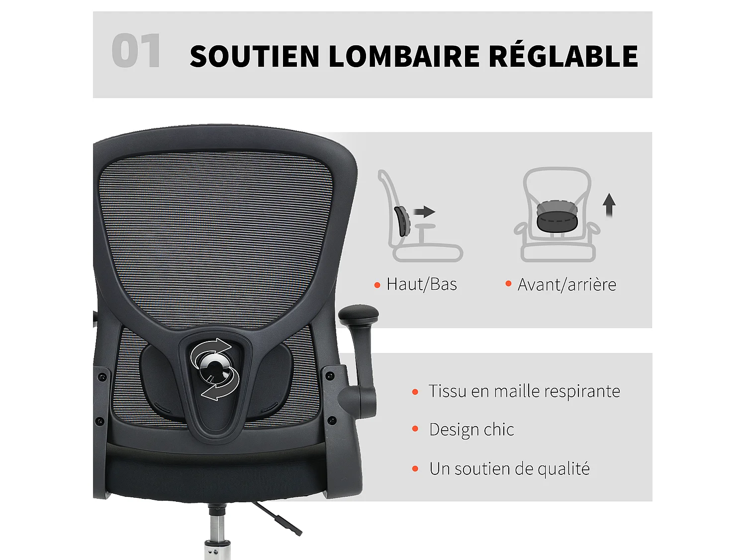 Chaise bureau ergonomique assise haute réglable 53-78cm pivotant accoudoirs relevables noir