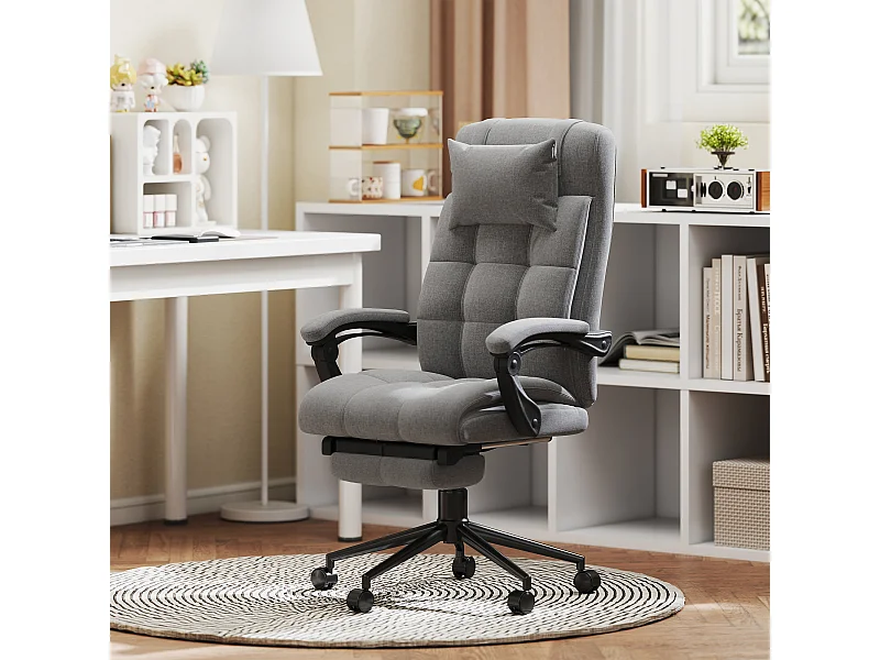 Chaise de bureau ergonomique design - fonctions massante et chauffante - inclinable, réglable - repose-pied - tissu gris