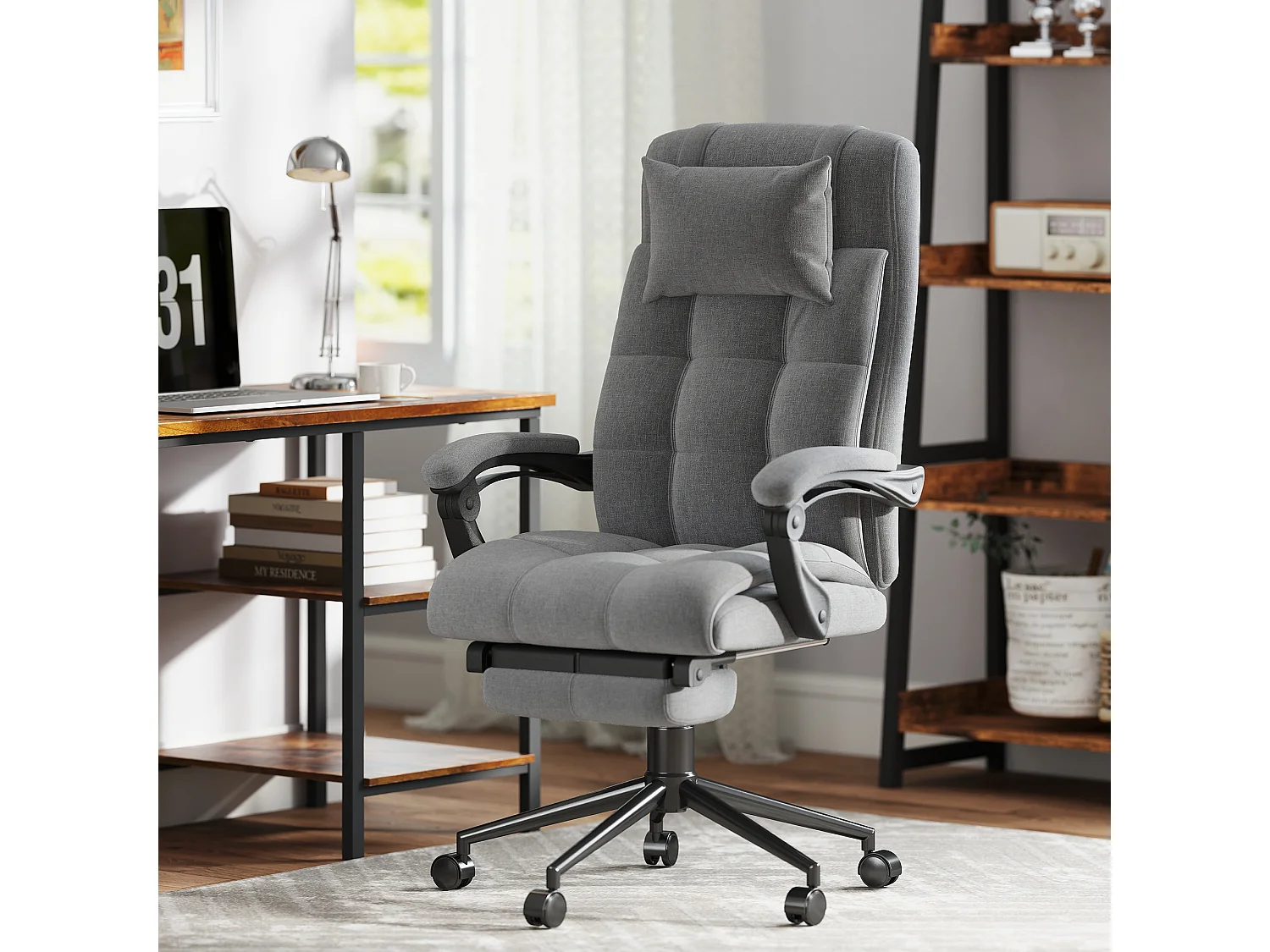 Chaise de bureau ergonomique design - fonctions massante et chauffante - inclinable, réglable - repose-pied - tissu gris