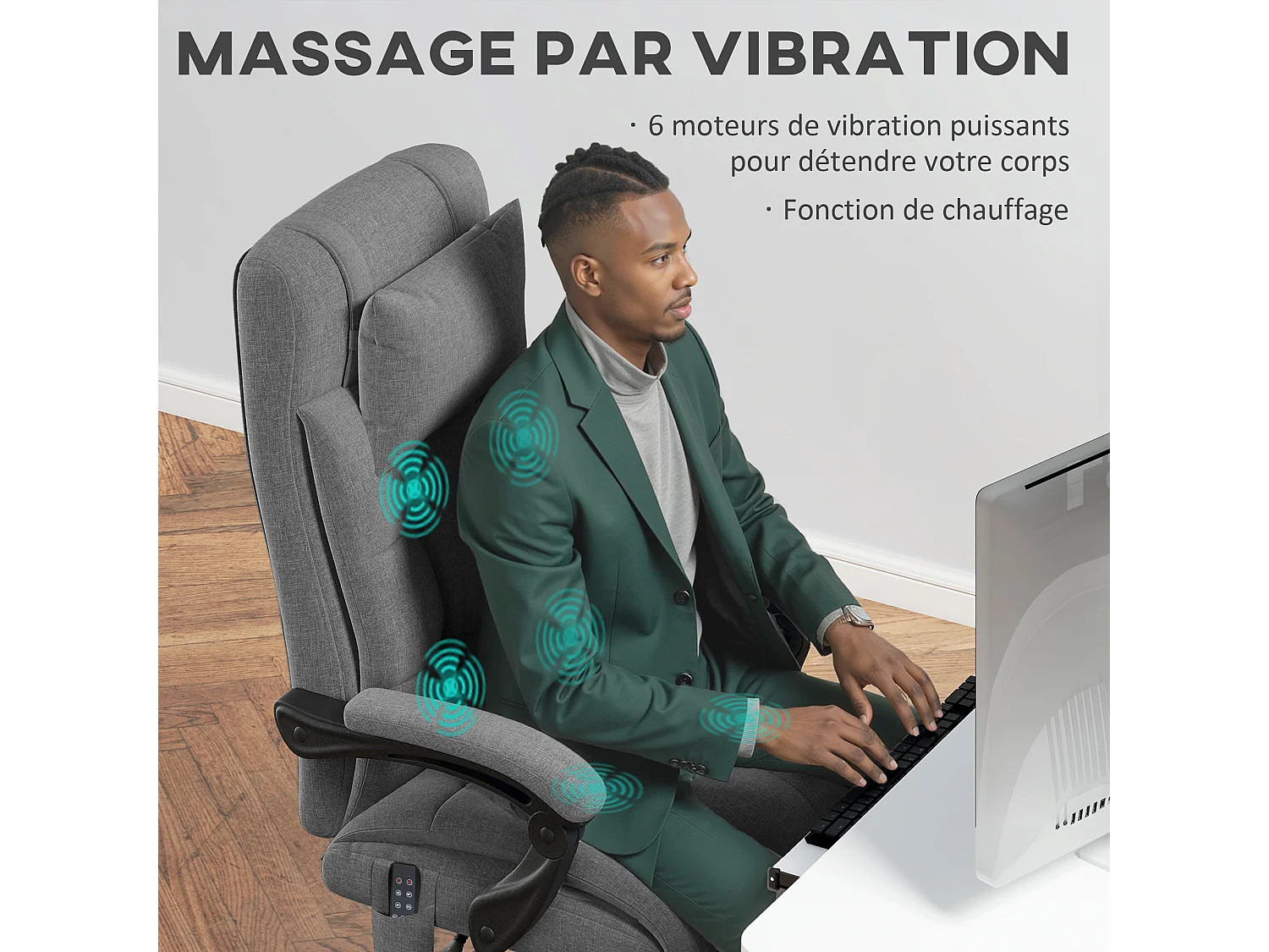 Chaise de bureau ergonomique design - fonctions massante et chauffante - inclinable, réglable - repose-pied - tissu gris