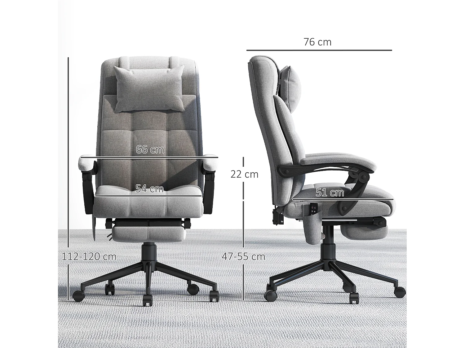 Chaise de bureau ergonomique design - fonctions massante et chauffante - inclinable, réglable - repose-pied - tissu gris