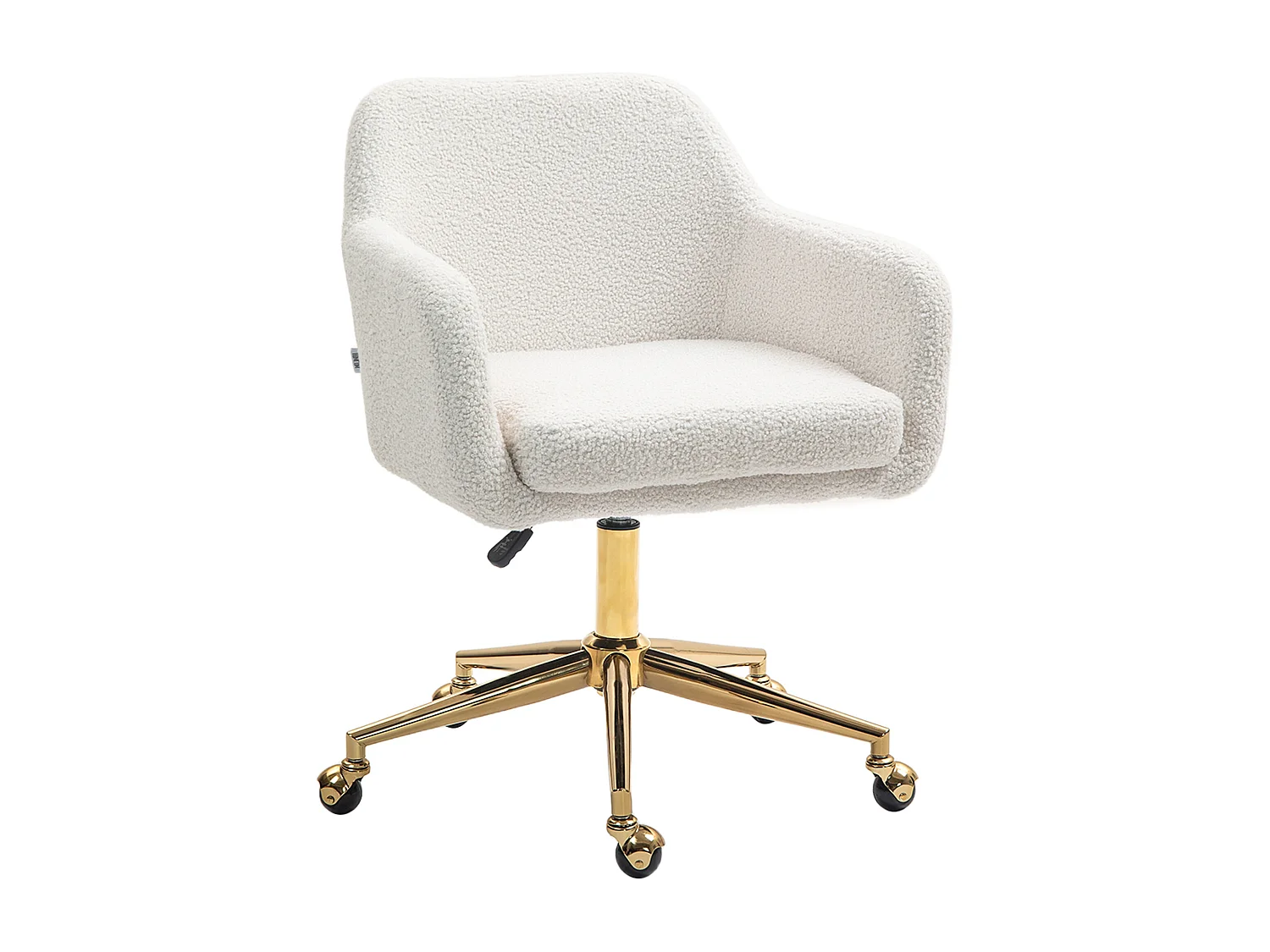 Chaise de bureau style Art déco piètement acier doré assise dossier accoudoirs enveloppant effet laine bouclée crème