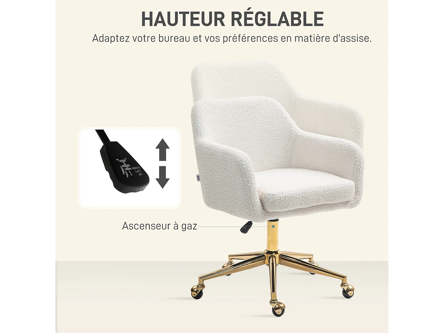 Chaise de bureau style Art déco piètement acier doré assise dossier accoudoirs enveloppant effet laine bouclée crème