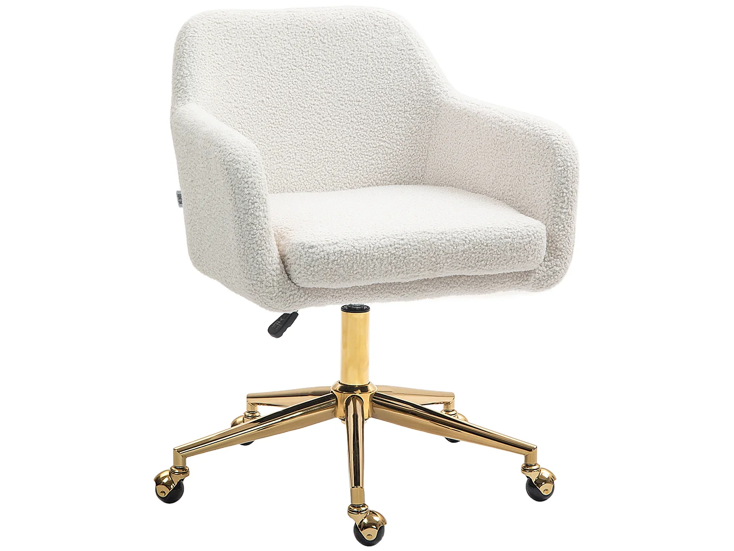 Chaise de bureau style Art déco piètement acier doré assise dossier accoudoirs enveloppant effet laine bouclée crème
