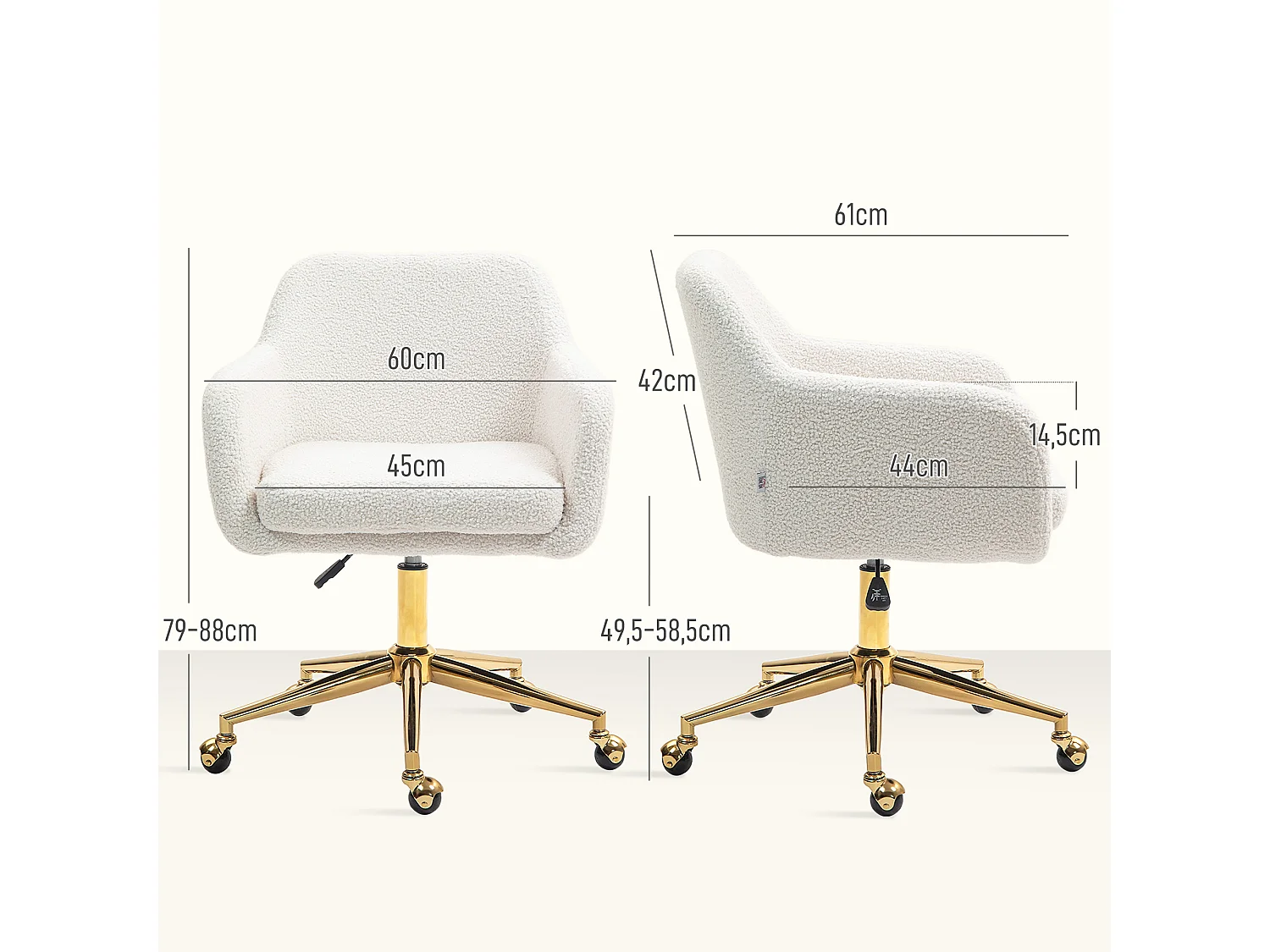 Chaise de bureau style Art déco piètement acier doré assise dossier accoudoirs enveloppant effet laine bouclée crème