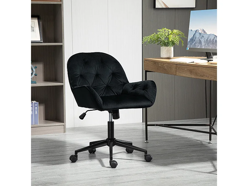 Chaise de bureau velours design Chesterfield effet capitonné piètement métal noir