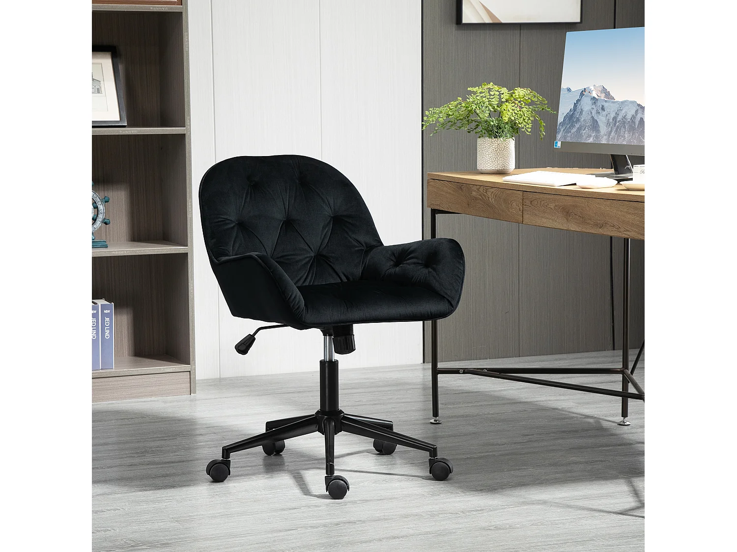 Chaise de bureau velours design Chesterfield effet capitonné piètement métal noir