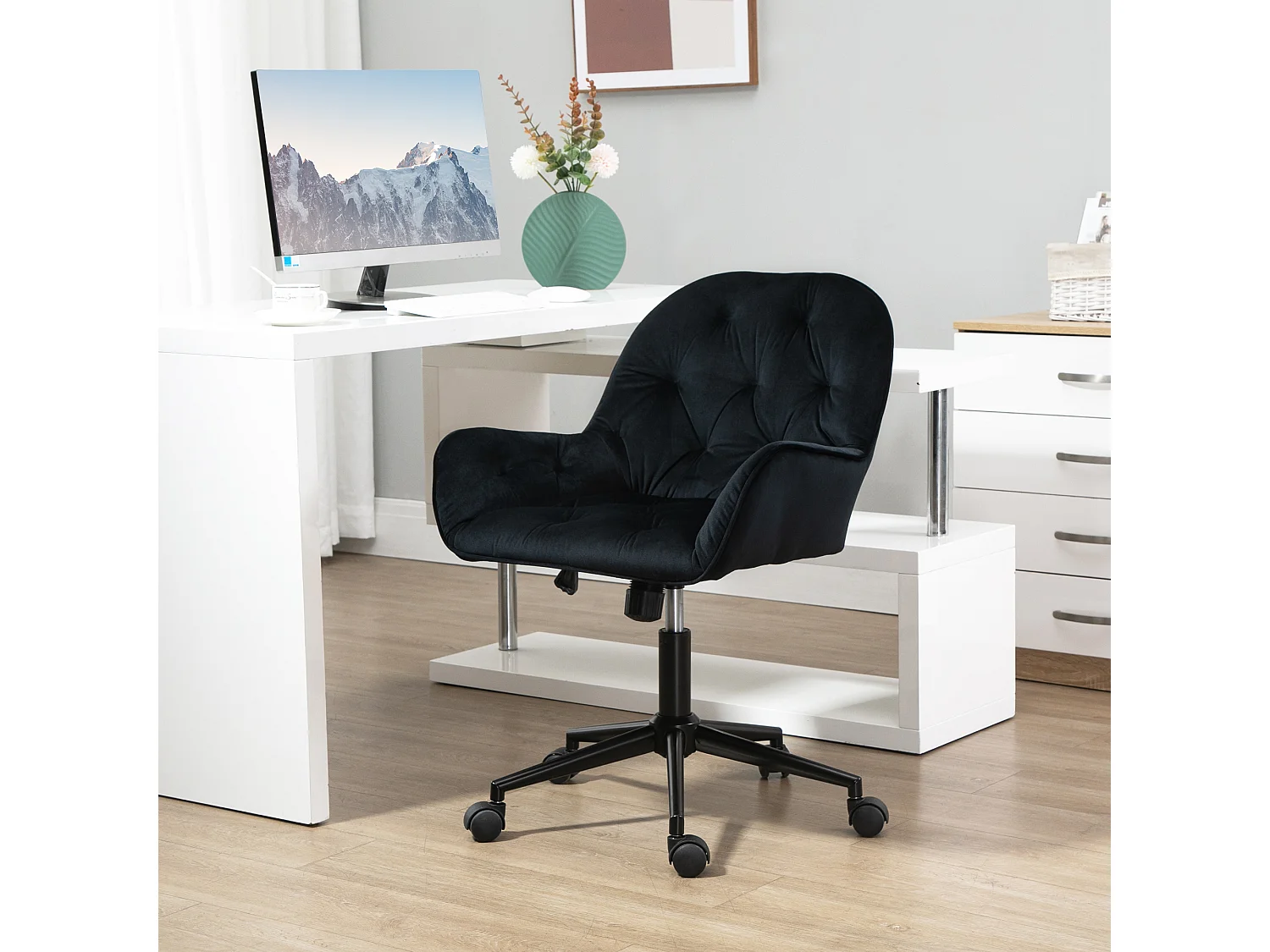 Chaise de bureau velours design Chesterfield effet capitonné piètement métal noir