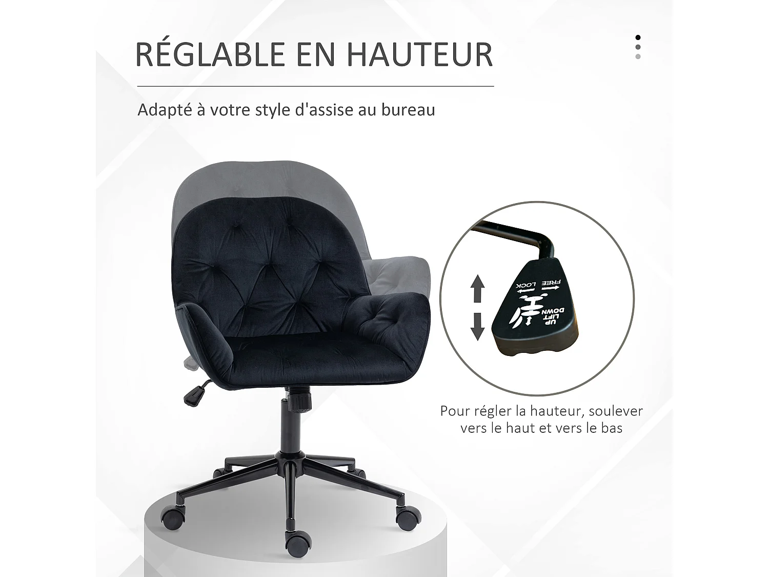 Chaise de bureau velours design Chesterfield effet capitonné piètement métal noir