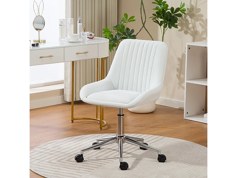 Chaise de bureau design dossier à surpiqûres verticales piètement acier chromé PU blanc