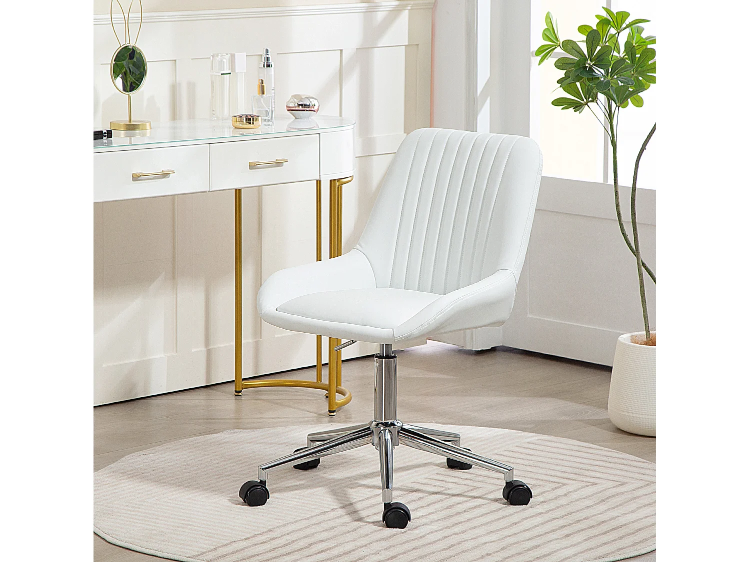 Chaise de bureau design dossier à surpiqûres verticales piètement acier chromé PU blanc