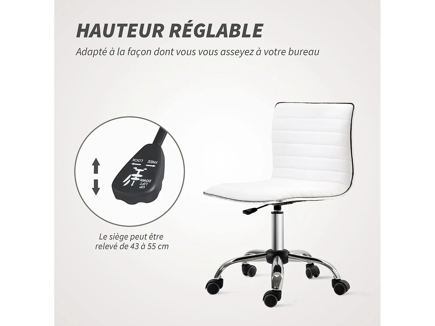 Chaise de bureau design style Chesterfield acier chromé revêtement synthétique blanc
